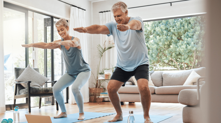 Stretching, balance and old people exercise at home streaming pilates video.