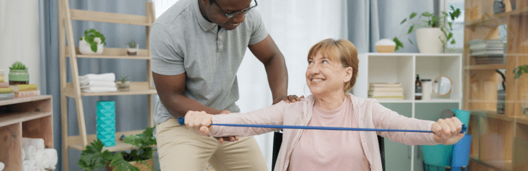 Older woman with disability, physiotherapy and stretching band for muscle rehabilitation, physical therapy and chiropractor service.