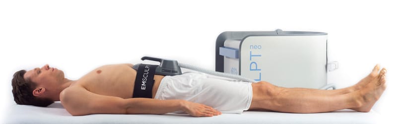 A man undergoing Emsculpt NEO treatment on abdomen